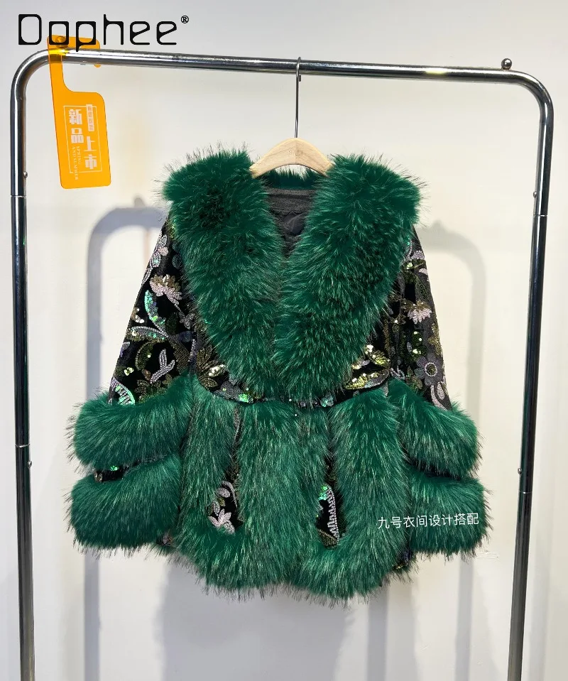 Europäische Station Winter Grün Pelzmantel für Frauen Schwere Pailletten Patchwork Farbe Plüsch Umlegekragen Casual Trendy Faux Pelzmantel