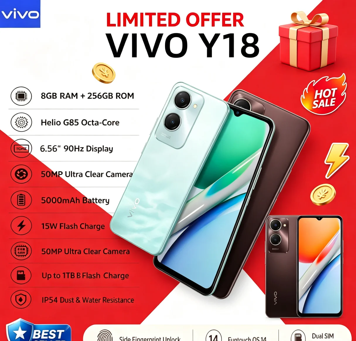 Best Seller 2026 VIVO Y18 Cost‑Effective Mobile Handset 8+256GB Memory 90Hz Ultra‑Smooth Screen 5000mAh Endurance Battery Daily