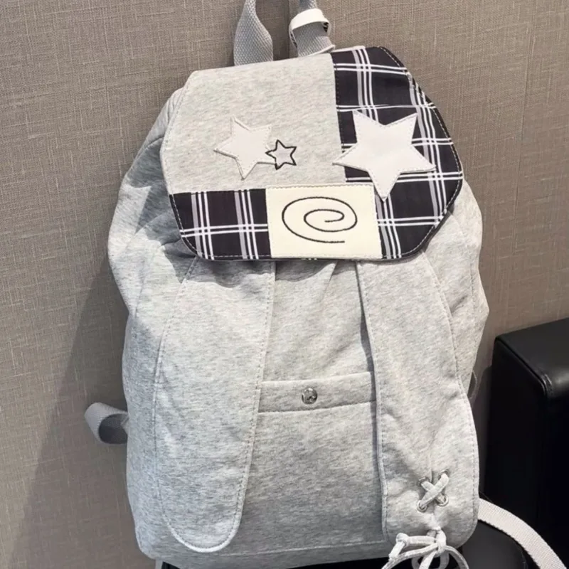 

Checkered Backpack Women Y2k Large Capacity Soft Canvas Black Gray Covered Type Drawstring Drawstring Travel Commuting Backpack