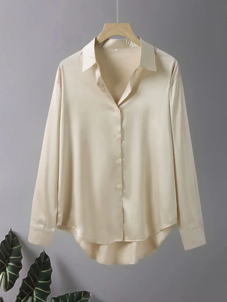حجم كبير قمصان حريرية فضفاضة غير رسمية للنساء 2025 موضة كم طويل زر أسفل بلوزة كبار أنثى أنيقة قمة صلب ملابس مكتب #5