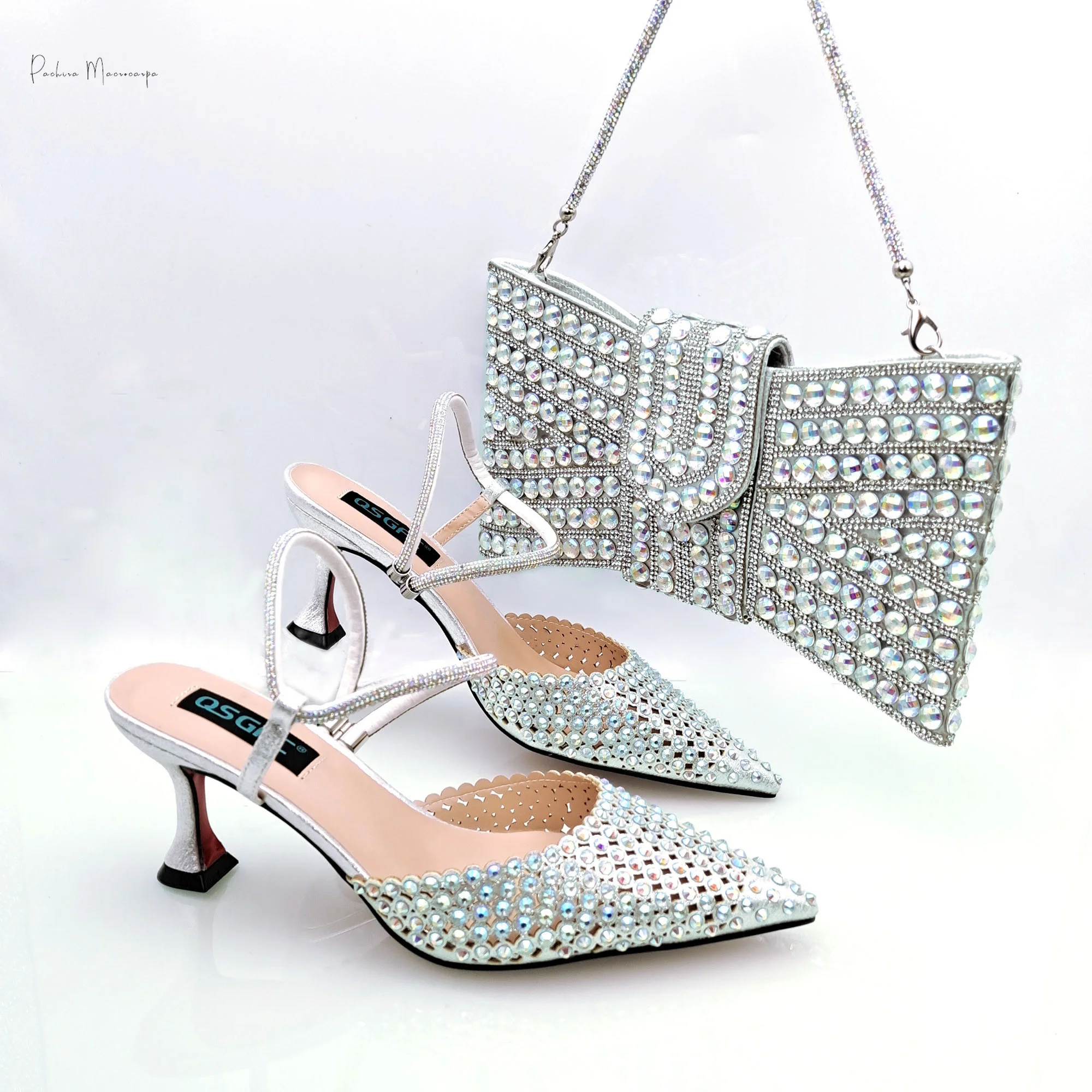 

Hot Selling Italian Design African Women's Crystal High Heel Toe Sandals Party Wedding Party Silver Shoes and Bag Set