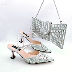 Hot Selling Italian Design African Women's Crystal High Heel Toe Sandals Party Wedding Party Silver Shoes and Bag Set