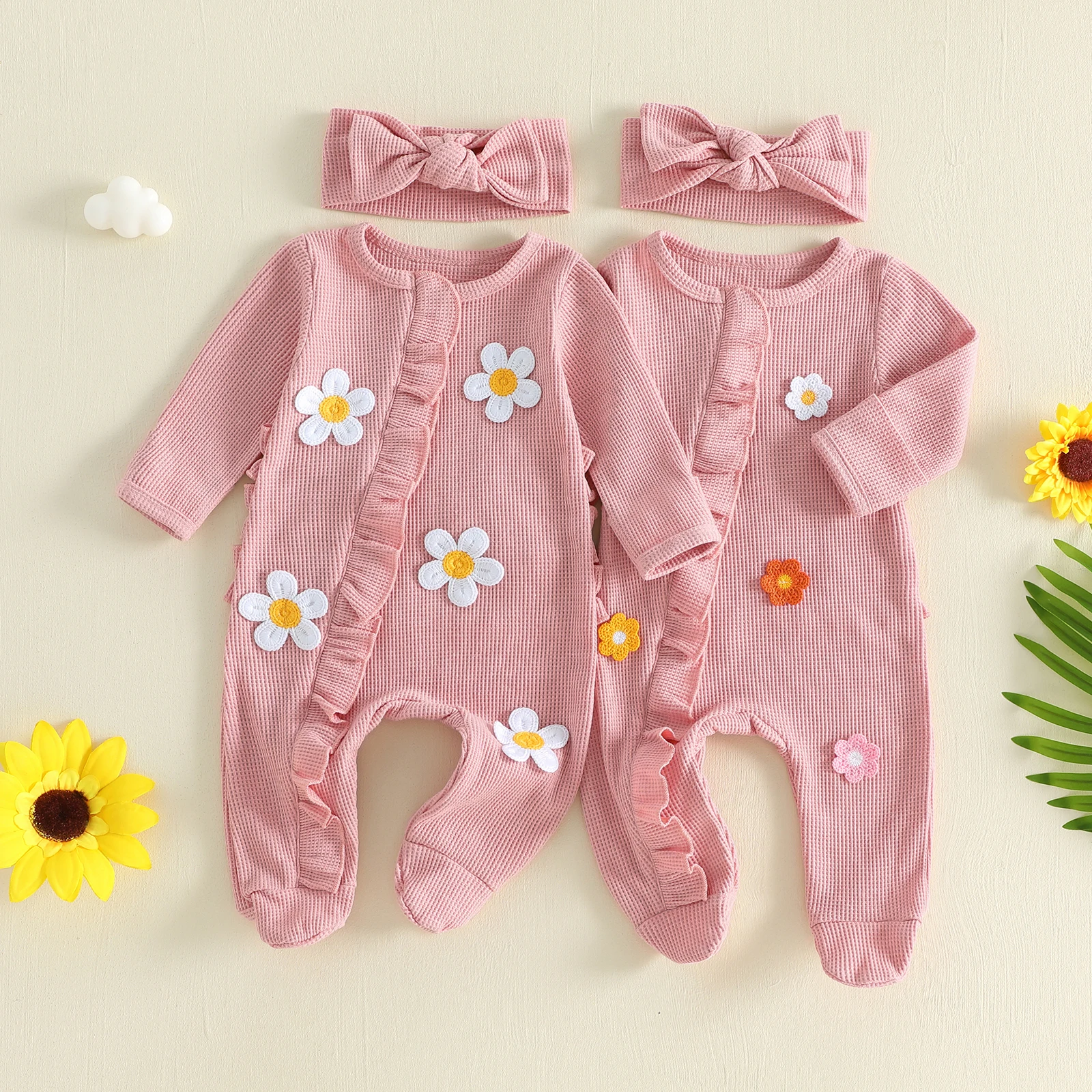 Baby Girl Fall Waffle Footies Romper Headband 2 Pcs Set Flower Ruffled Trim Zip Front Long Sleeve Girls Autumn Jumpsuits