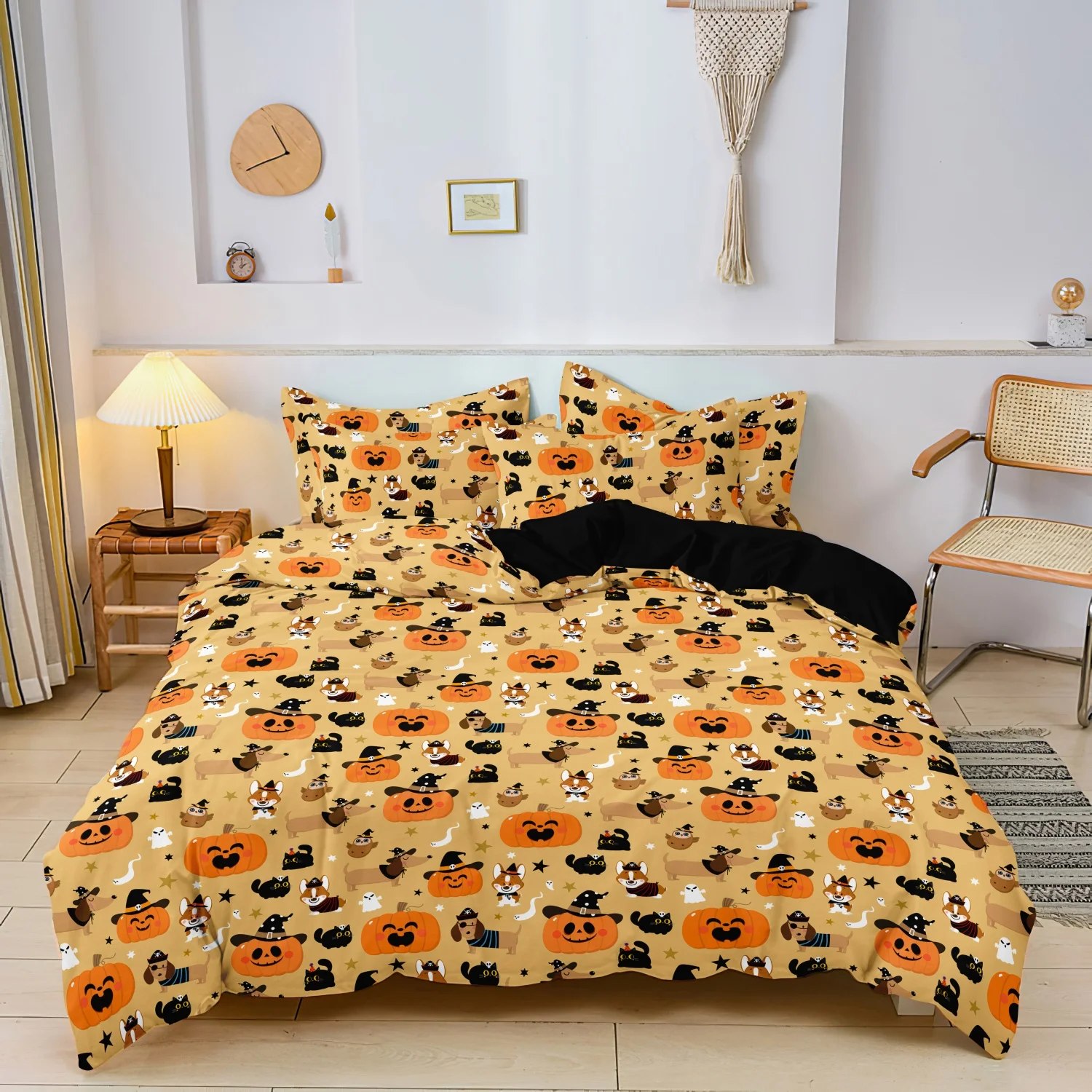 3Pcs Khaki Dogs Cats Pumpkins Hats Little Ghost Print Duvet Cover Set, Cute Halloween Pet Bedding, Halloween Bedroom Decor