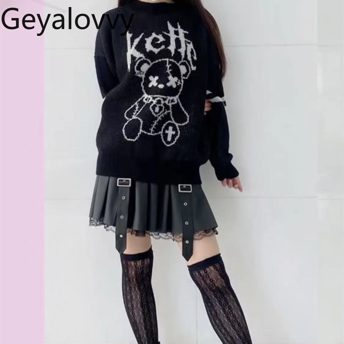 الأصلي اليابانية الشارع تنوعا حزام الديكور الجلود ألف خط تنورة حلوة بارد الفتيات مرونة عالية الخصر الدانتيل التنانير القصيرة #3