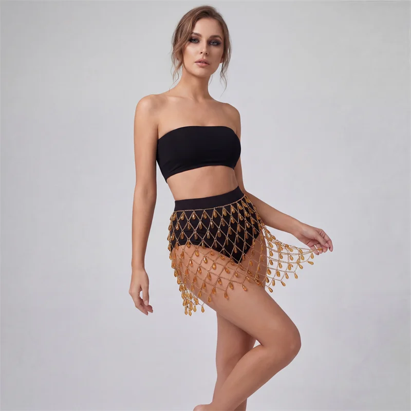 Damen Strass Netz Bauchtanz Minirock Gold Tränenketten-Hüfttuch Hochgeschnittener Festival Rave Party Clubwear Outfit – Detail 6