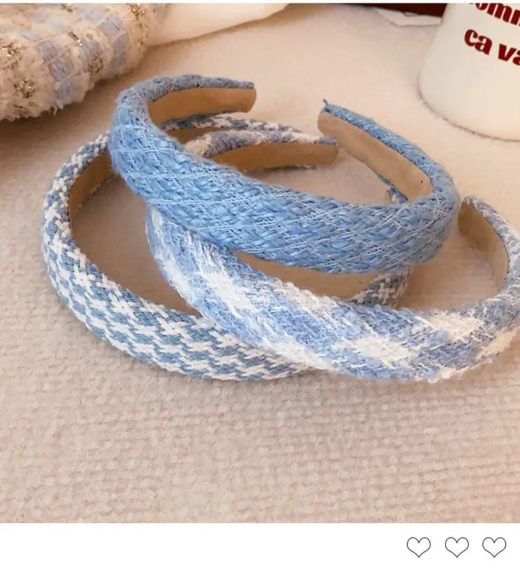 Milk White Gentle Blue Woolen Winter Hair Accessories Girl Headband Boutique Handmade Woven Denim Blue Stripe Women\'s Hair Bands