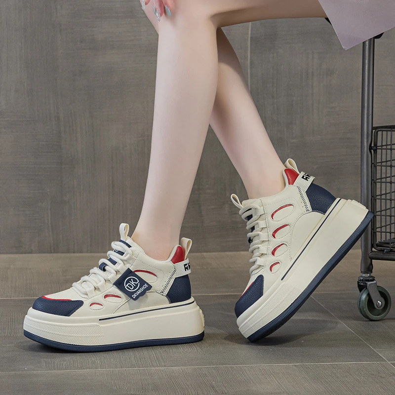 

Women'S High Top Platform Sneakers Lace Up Design With Hollow Out Cutouts Two Tone Black White And Beige White Colors Thick Sole