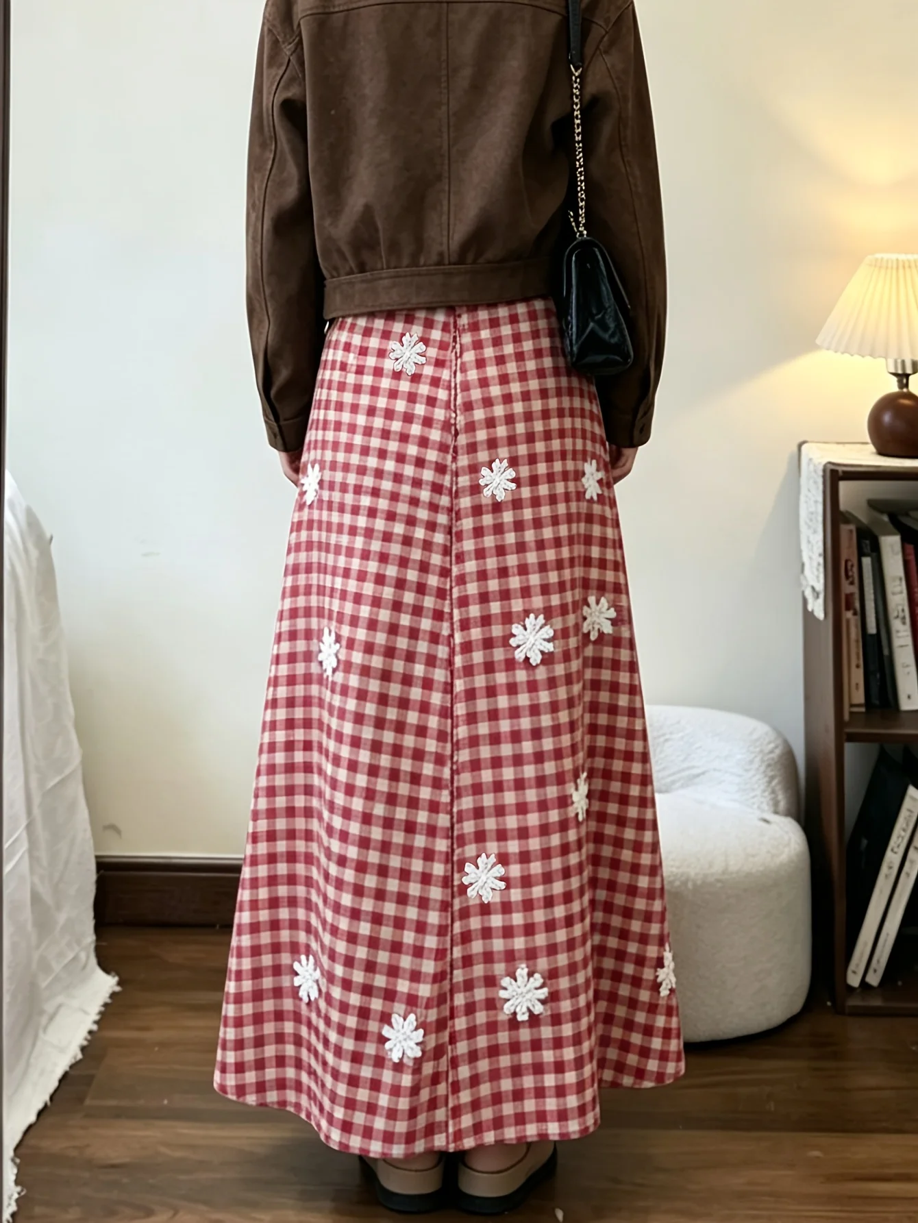 Red Checkered Embroidered Flower Half-length Dress With Adjustable Waist For Daily Date And Casual Wear A-line Long Dress