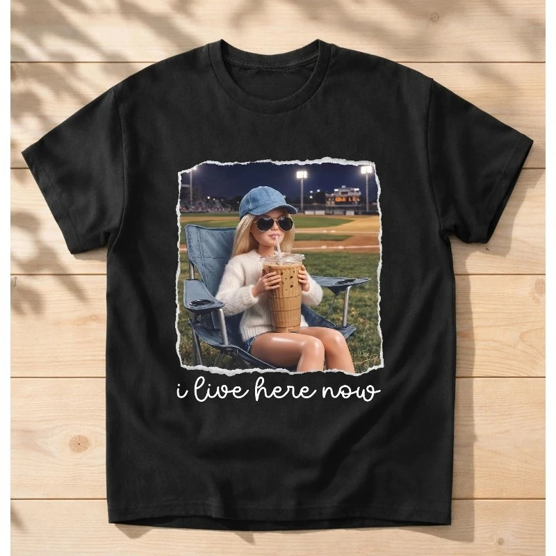 Retro Funny Doll Drinking Coffee I Live Here Now Shirt, Softball Mom Shirt, Baseball Mama Vintage Tee