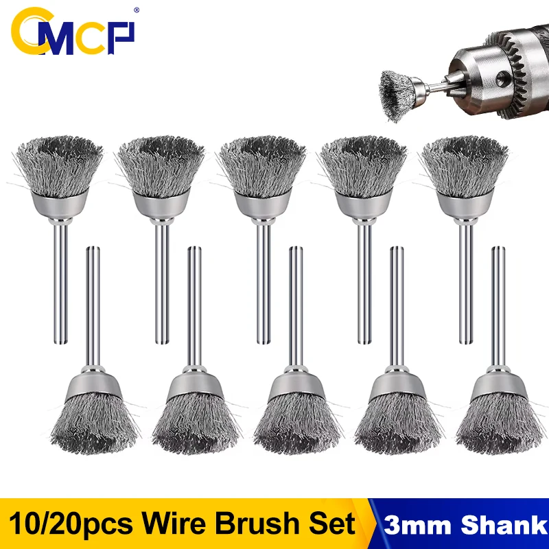 CMCP 10/20Pcs 3.0mm Shank Stainless Steel Cup Wire Wheel Brush Abrasive Tool Metalworking for Dremel Rotary Tool Accessories