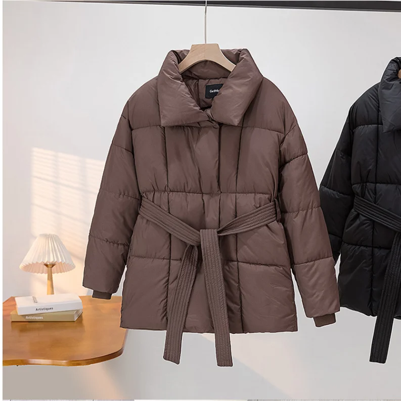 Advanced with Waist Cinching Tie Up Black Cotton Jacket Women's 2026 Winter New Korean Version Stand Collar Coat Female Parkas