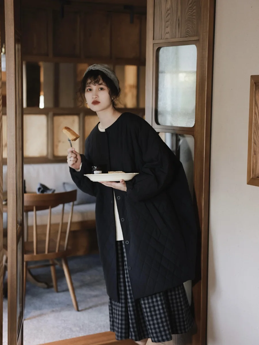 

Retro Japanese Sle Women's Long Puffy Cotton Jaet Diamond Patterned Sweet Pure Color Cotton Coat for Autumn Winter