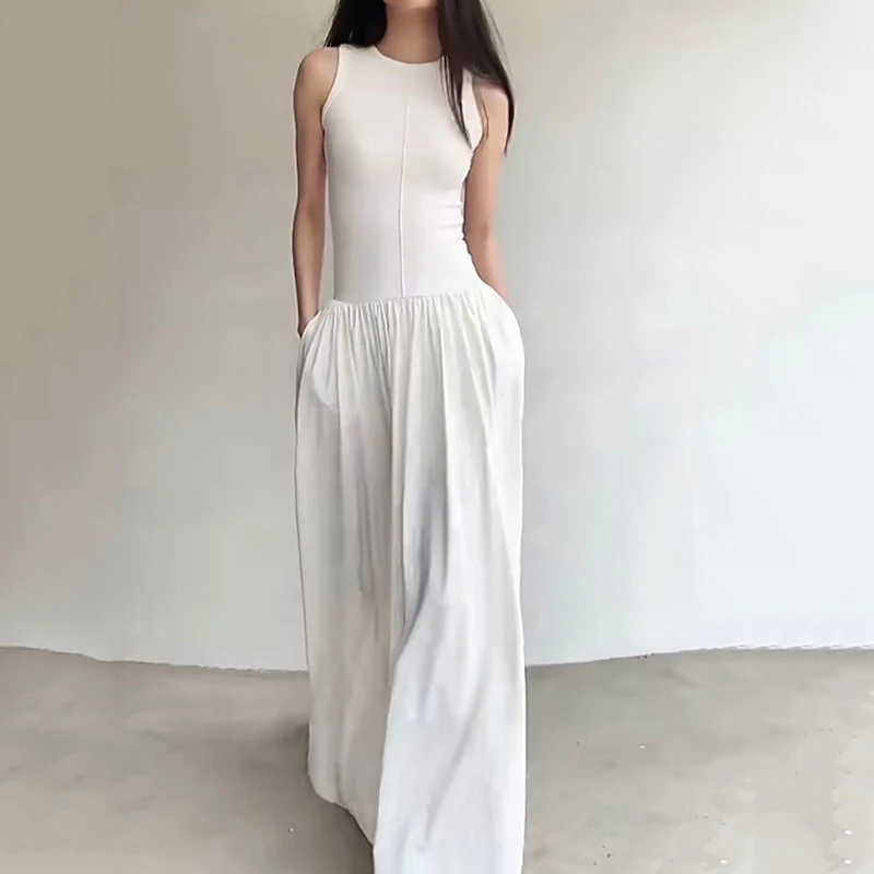 

Stylish White Black Long Dress Women Summer Sleeveless T Shirt Dress Elegant Dress Vestidos