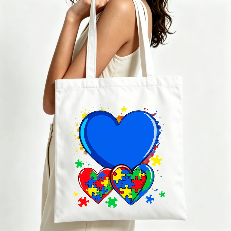heart and puzzle piece print canvas tote bag, artistic design for casual daily use and shopping outings
