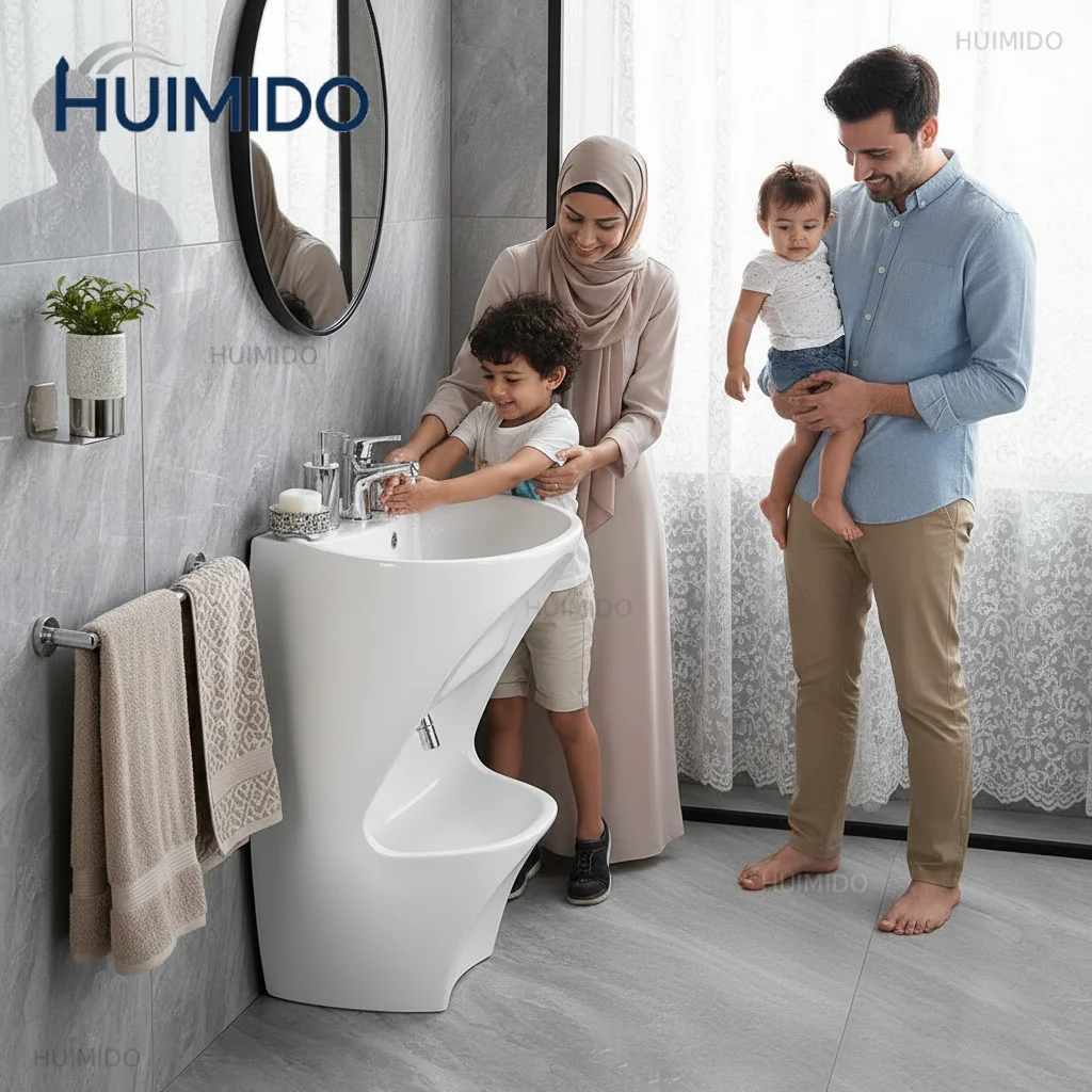 Ceramic Bathroom Sink Double Level Wash Stand Full Pedestal Muslim Wudu Basin