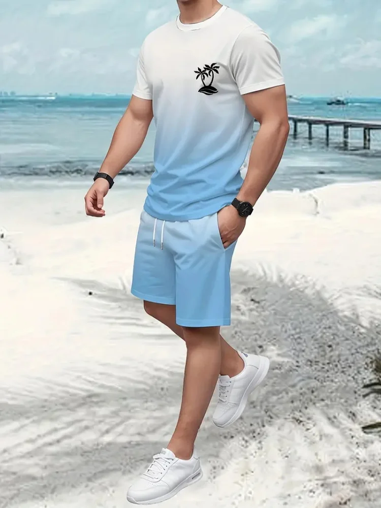 

Funny Coconut Tree Print T-shirt +Shorts 2 Piece Summer Men's Short Sleeve Sets Hawaiian Beach Vacation Tracksuits Casual Outfit