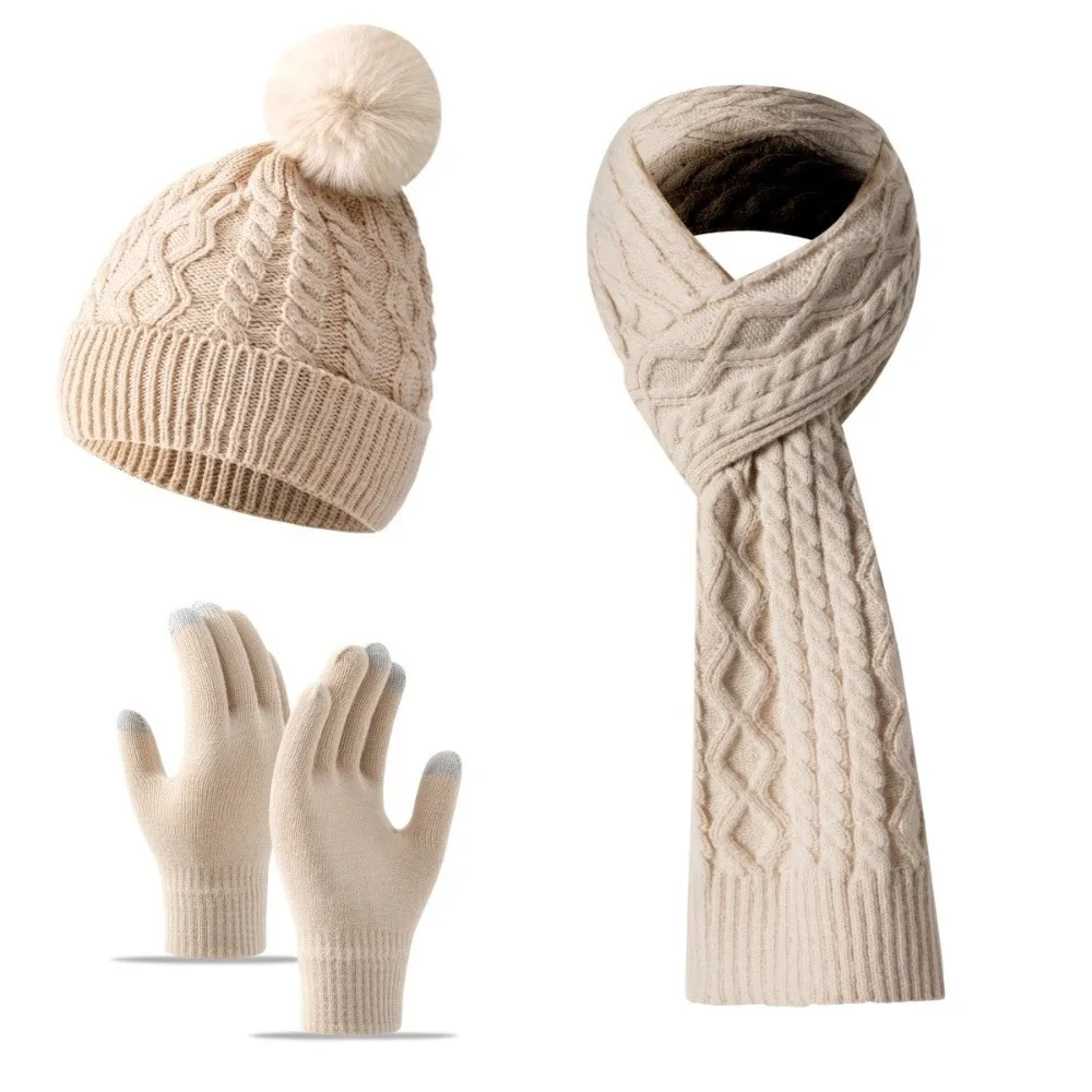 3Pcs/Set Warm Winter Hat Scarf Gloves Set Thicken Knitted Scarf Neck Warmer Suit Elastic Touchscreen Touchscreen Gloves