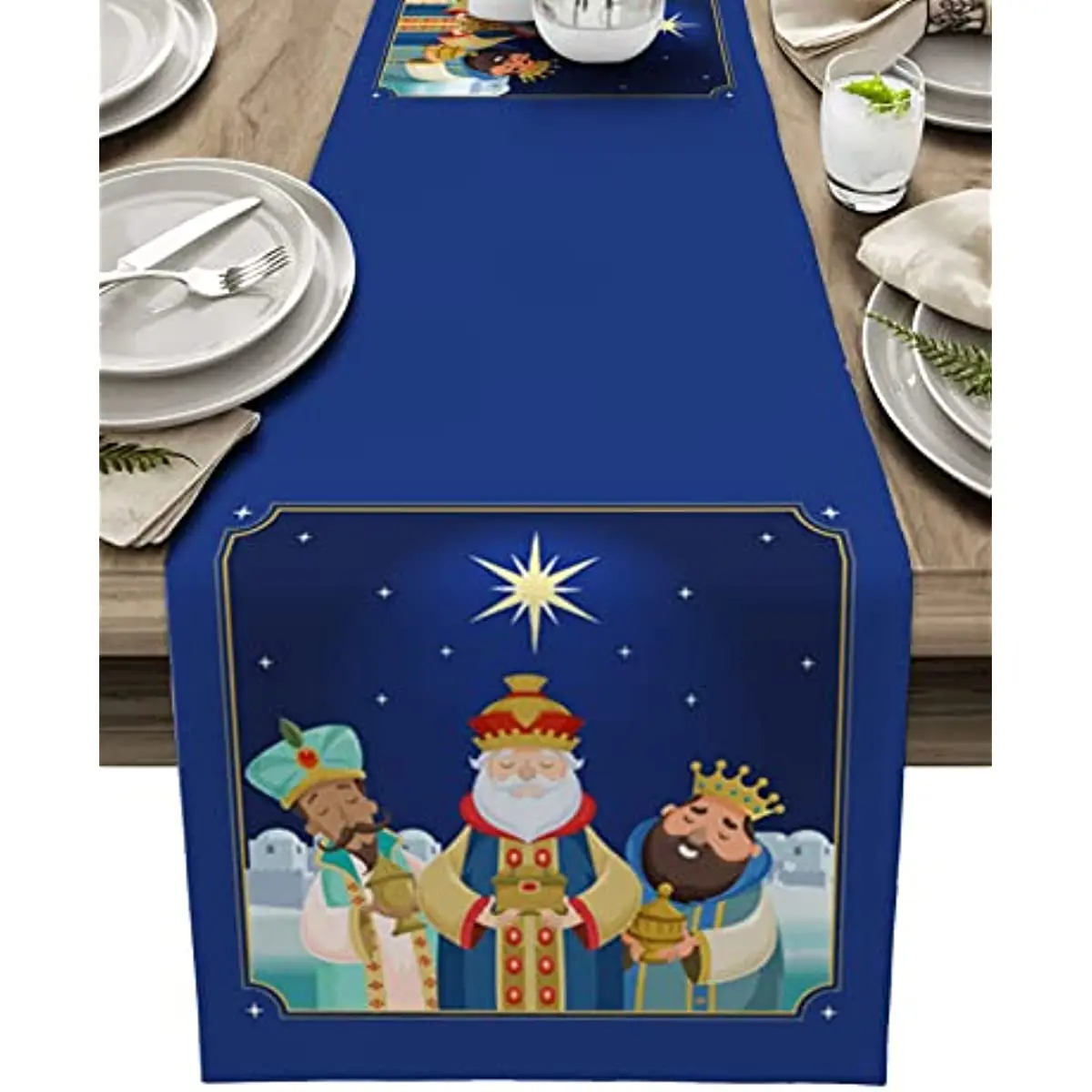 

Linen Table Runner Funny Three Kings Day Cute King Prayer Coffee Dining Table Runner for Kitchen Home Wedding Party Dining Decor