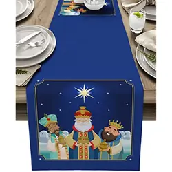 Linen Table Runner Funny Three Kings Day Cute King Prayer Coffee Dining Table Runner for Kitchen Home Wedding Party Dining Decor