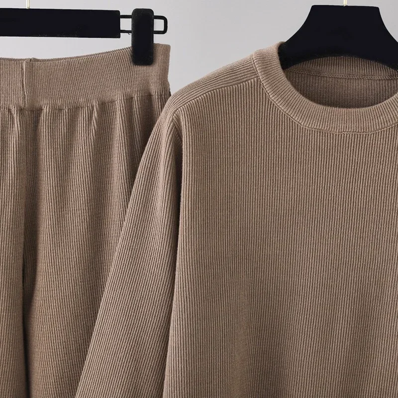 Warm Knit Sweater Set Women's Tracksuit Sets Autumn Winter Solid Color Sweater and Elastic Trousers Suits Knitted Two Piece Set