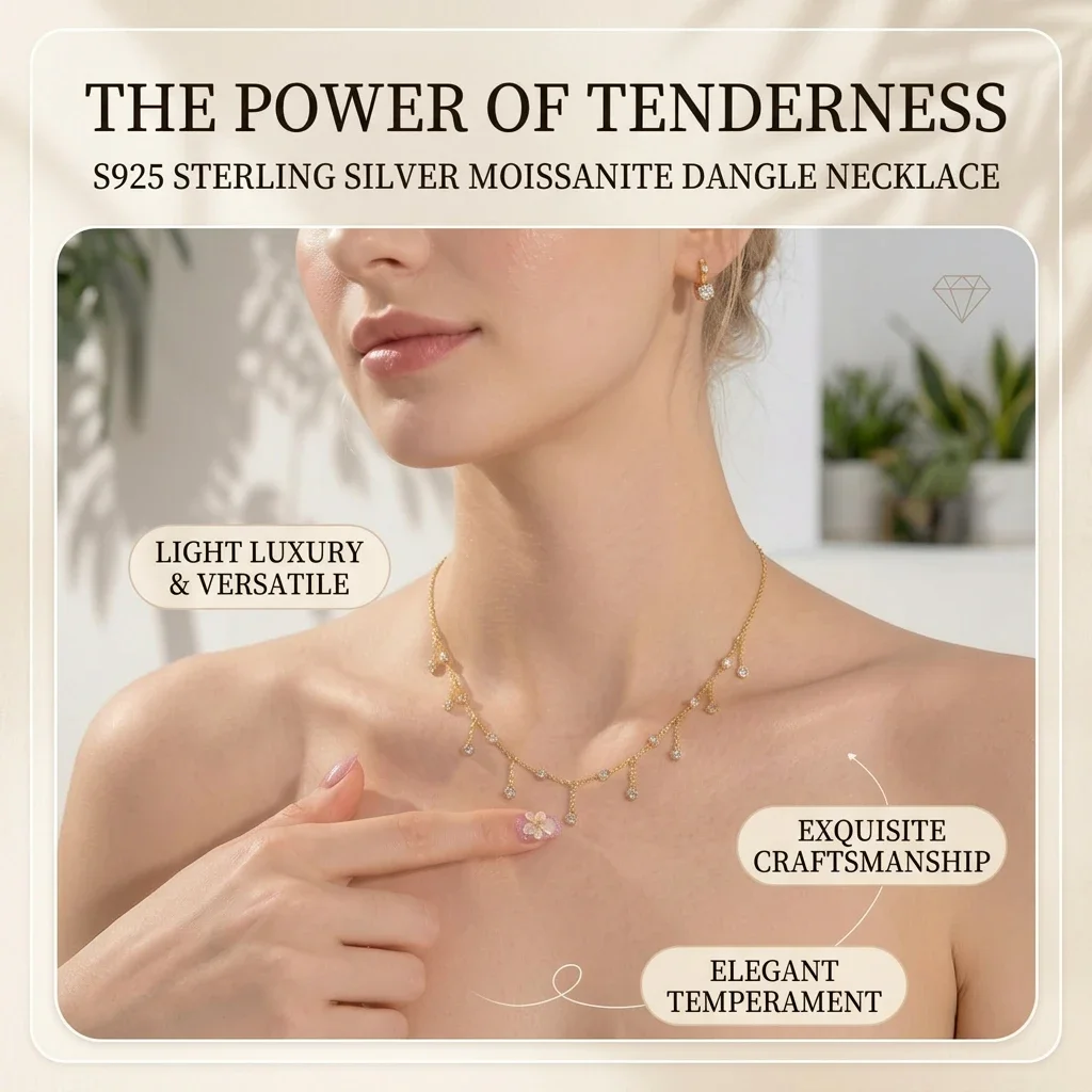 Women Elegant Fringe Tassel Necklace S925 Sterling Silver Inlaid 2mm Moissanite Drop Dainty Daily Jewelry Two Tone Available