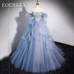 Princess Puff Sleeves Shiny Prom Dress 2024 Blue Strapless Crystal A Line Sparkly Banquet Party Dresses Tulle Women Błyszcząca sukienka studniówkowa z bufiastymi rękawami Princess 2024  Niebieskie kryształowe sukienki