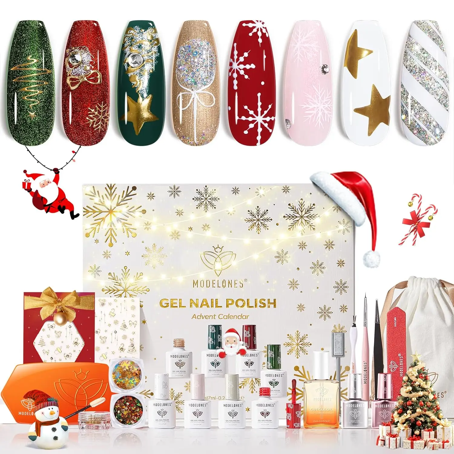 2025 Kit de esmalte de uñas en gel con calendario de Adviento navideño de 12 días con luz UV, 8 colores y pegatinas, regalo de manicura navideña