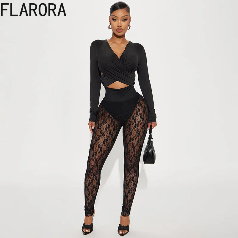 

FLARORA Sexy Lace Patchwork Legging Pants Woman Solid Color See Through High Waist Skinny Pant Hottie Wild Street Spring Bottoms