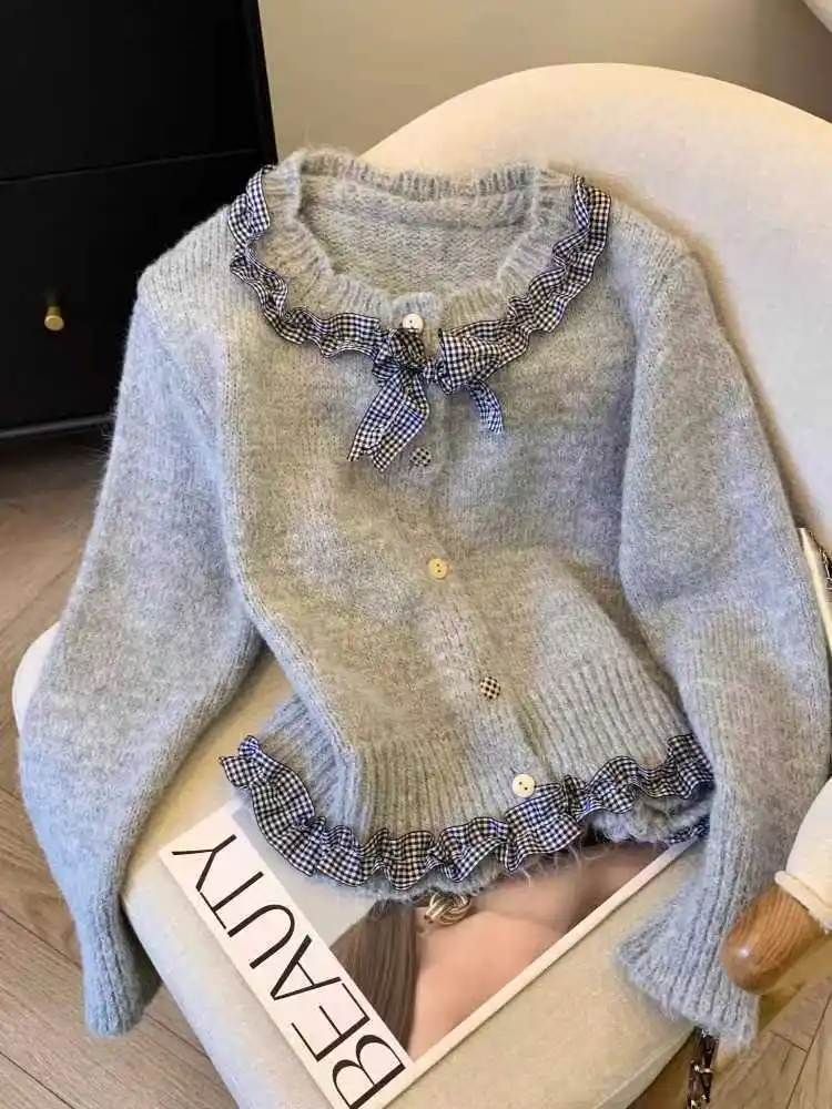 Korean Style Checkered Bow Round Neck Cardigan Women Sweet Aesthetic Bow Crop Twisted Sweater Long Sleeve Knitted Tops New 2025