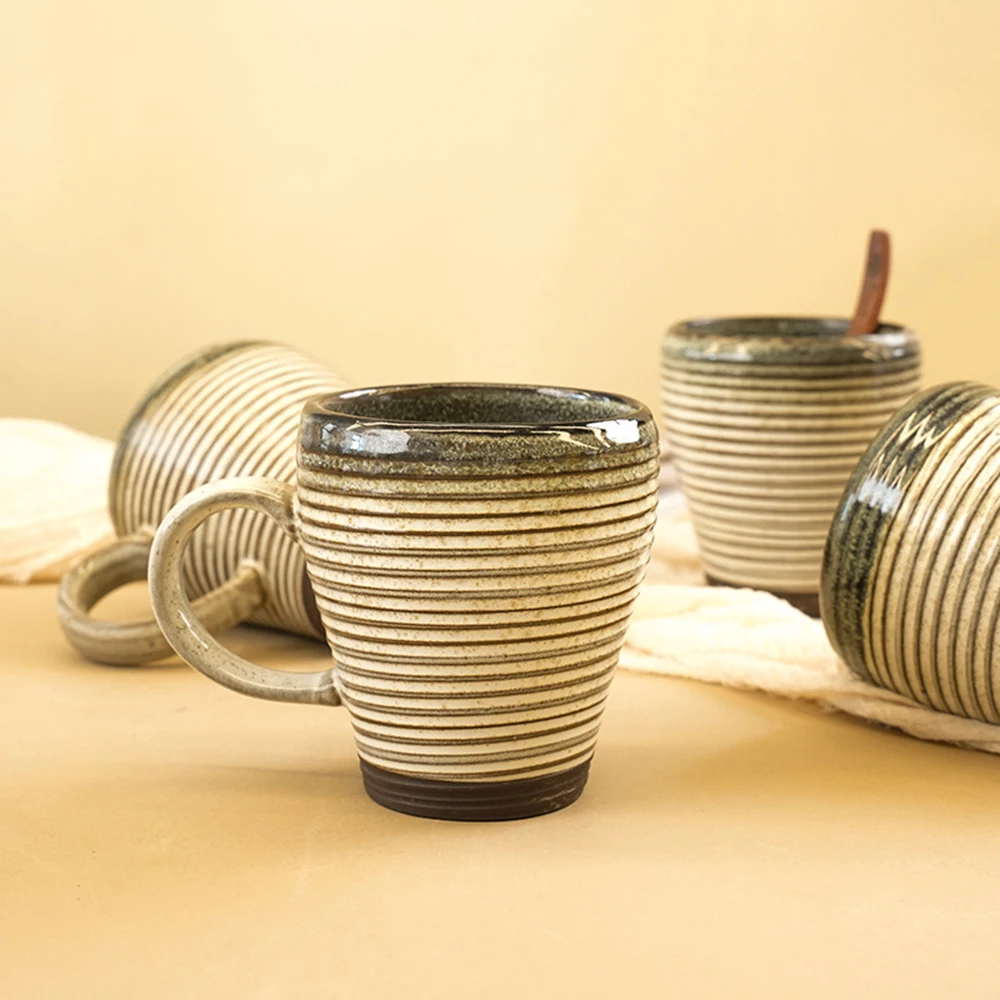 430ml Threaded Relief Mug Creative Underglaze Color Office Coffee Ceramic Mugs Japanese Retro Stripe Style Grey White Cup
