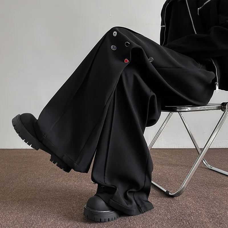 Fashion Black Casual Pants Men Buttons Design High Street Hip-hop Wide Leg Mopping Trousers All-match Casual Korean Style