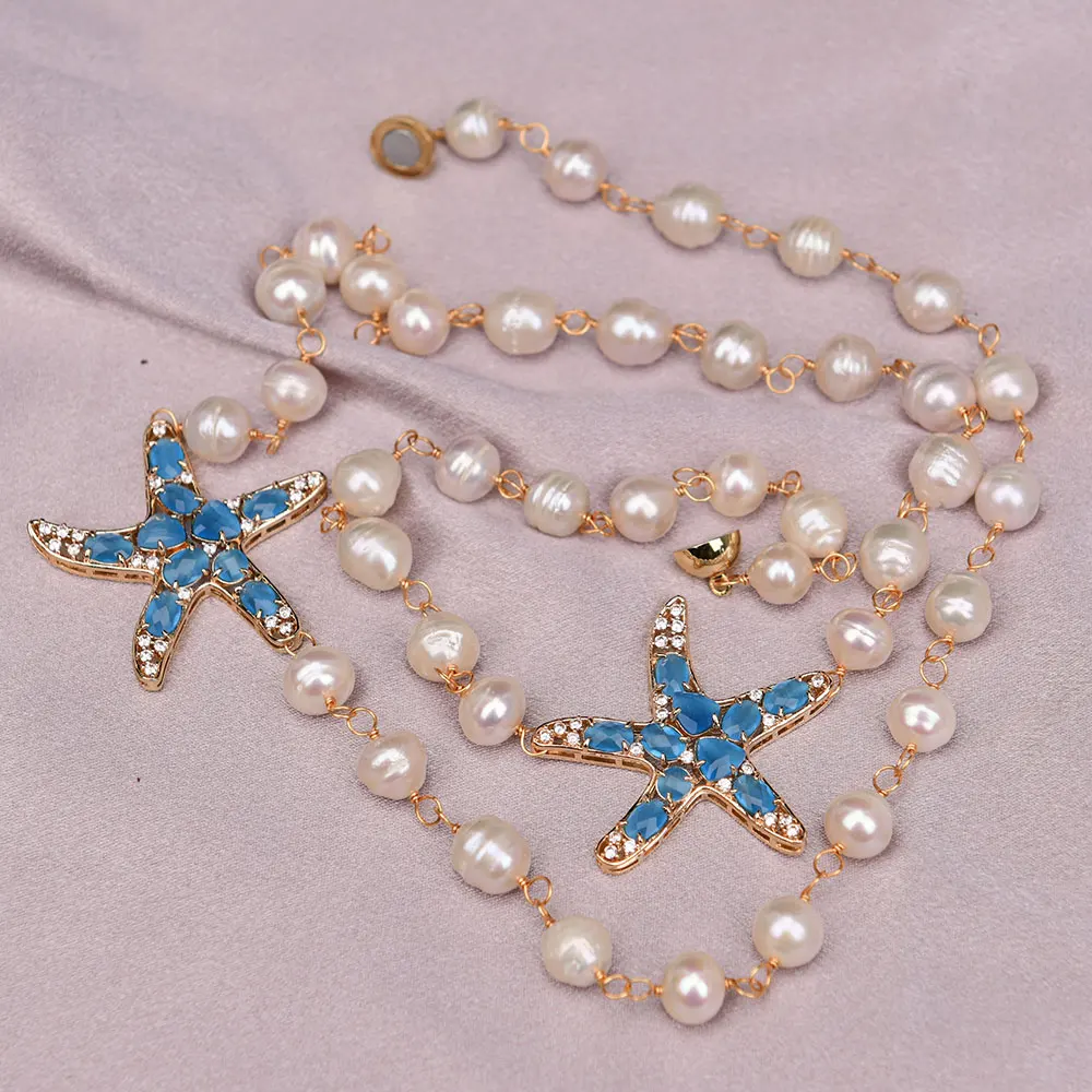 G-G Freshwater White Rice Pearl Long Chain Statement Necklace Blue Crystal Starfish CZ Connector Pendant