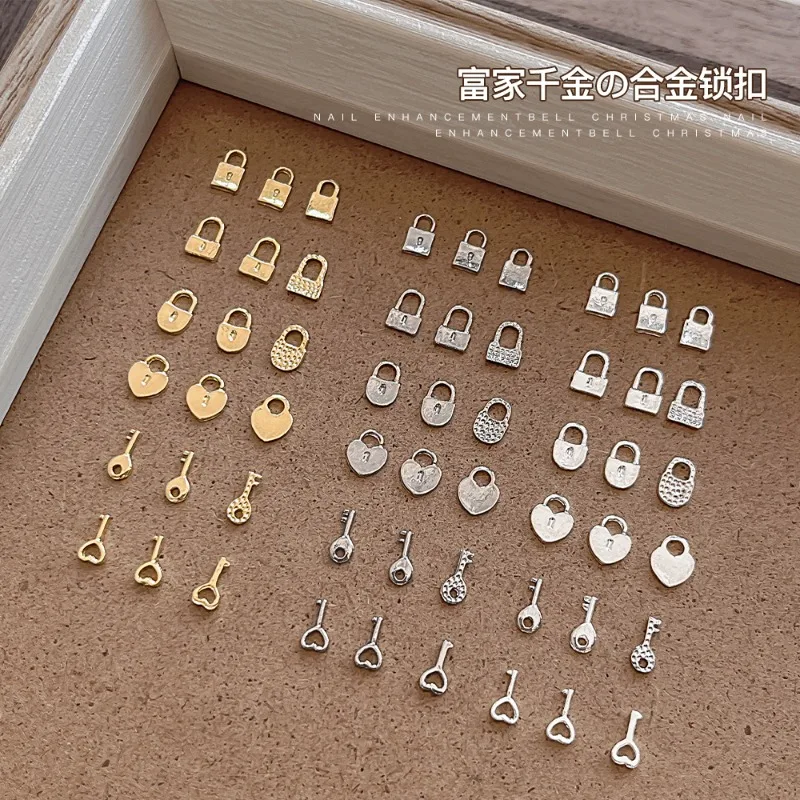 New Hot Sale 50pcs Mini Rich Daughter Lock DIY Nail Jewelry Metal Key Small Fragrance Style Love Alloy Nail Accessories