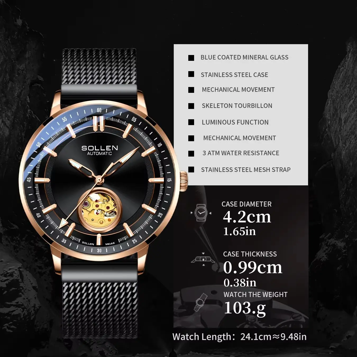 SOLLE watch for men, fully automatic mechanical watch, waterproof night light watch, gift for boyfriend\'s birthday, Nishit