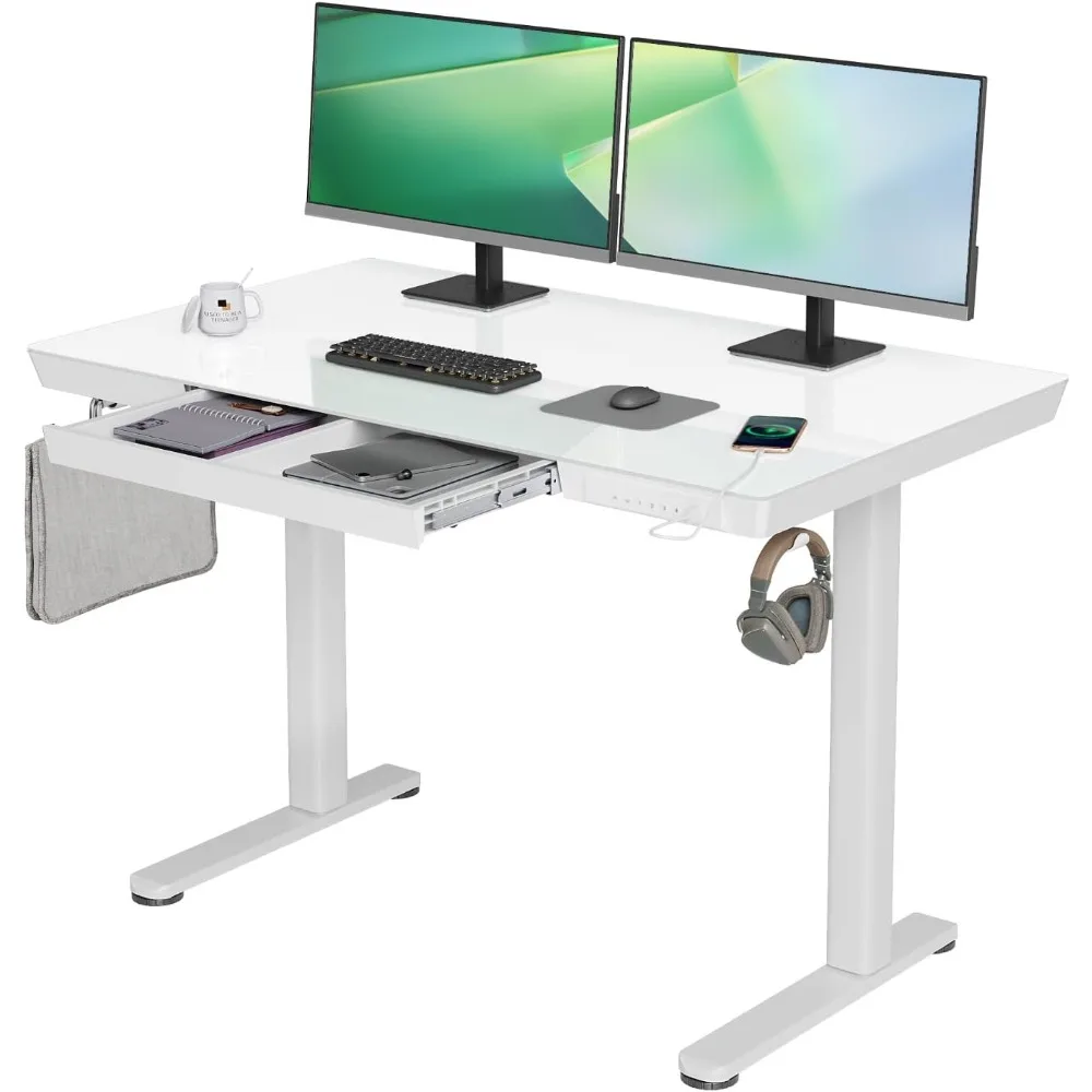 Mesa de pé de vidro com gavetas, mesa elétrica de 48 x 24 polegadas com portas USB, mesa de altura ajustável para escritório doméstico