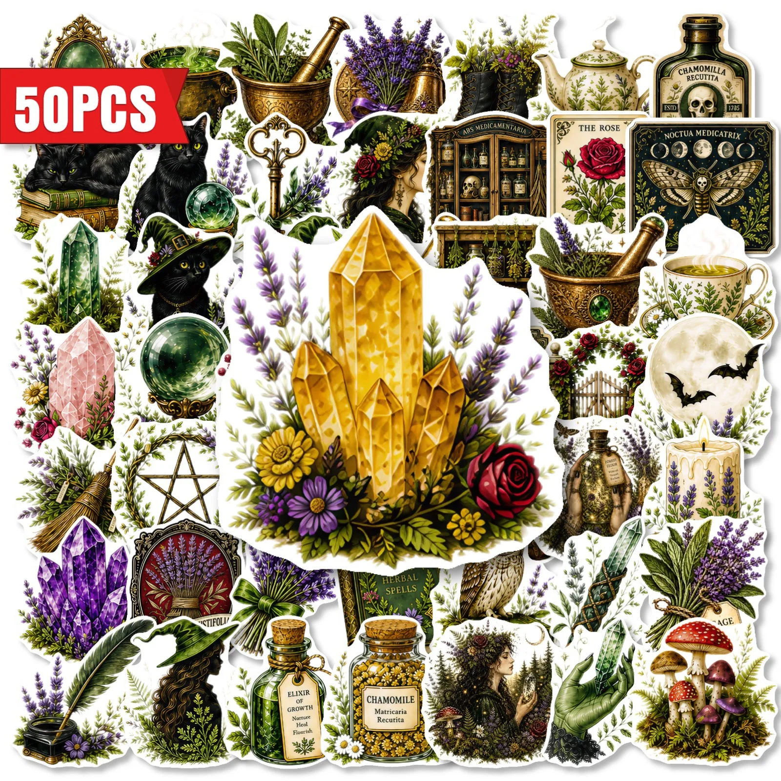 50 PCS Retro Magic Herb & Witch Decorative Stickers Hand Account Water Cup Luggage Scrapbook Waterproof Student Decals