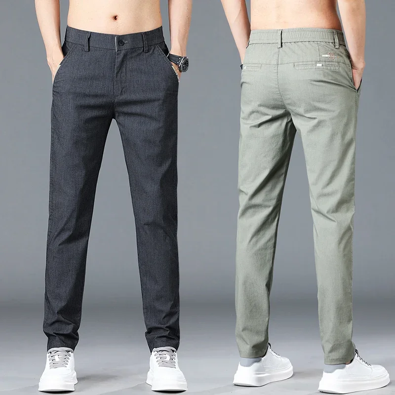 2024 Autumn Summer Casual Men Green Straight Elastic Waist Business Pants Male Soft Cotton Stretch Slim Formal Trousers Clothing