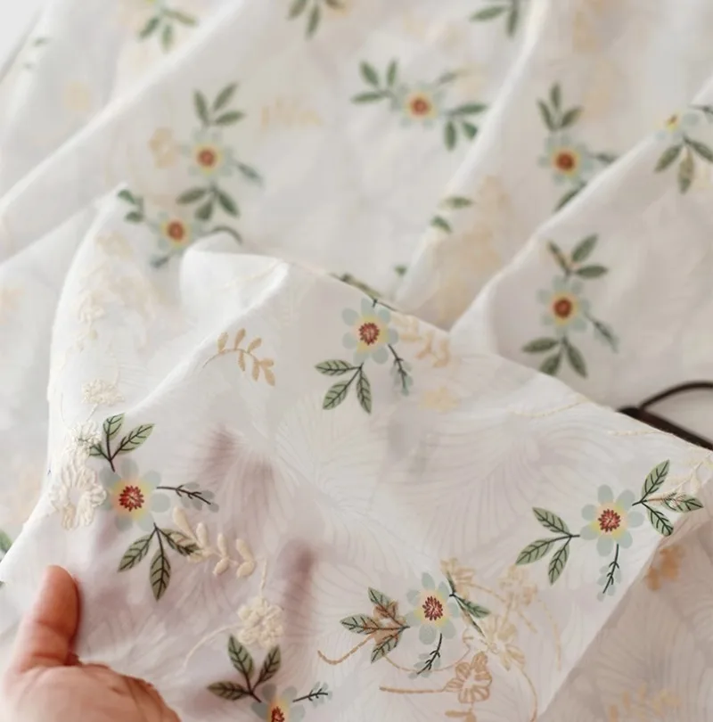 Floral Polyester-Cotton Blend Fabric with Embroidery and Jacquard, DIY Clothes, Dresses, Tablecloths, Accessories, 145x50cm