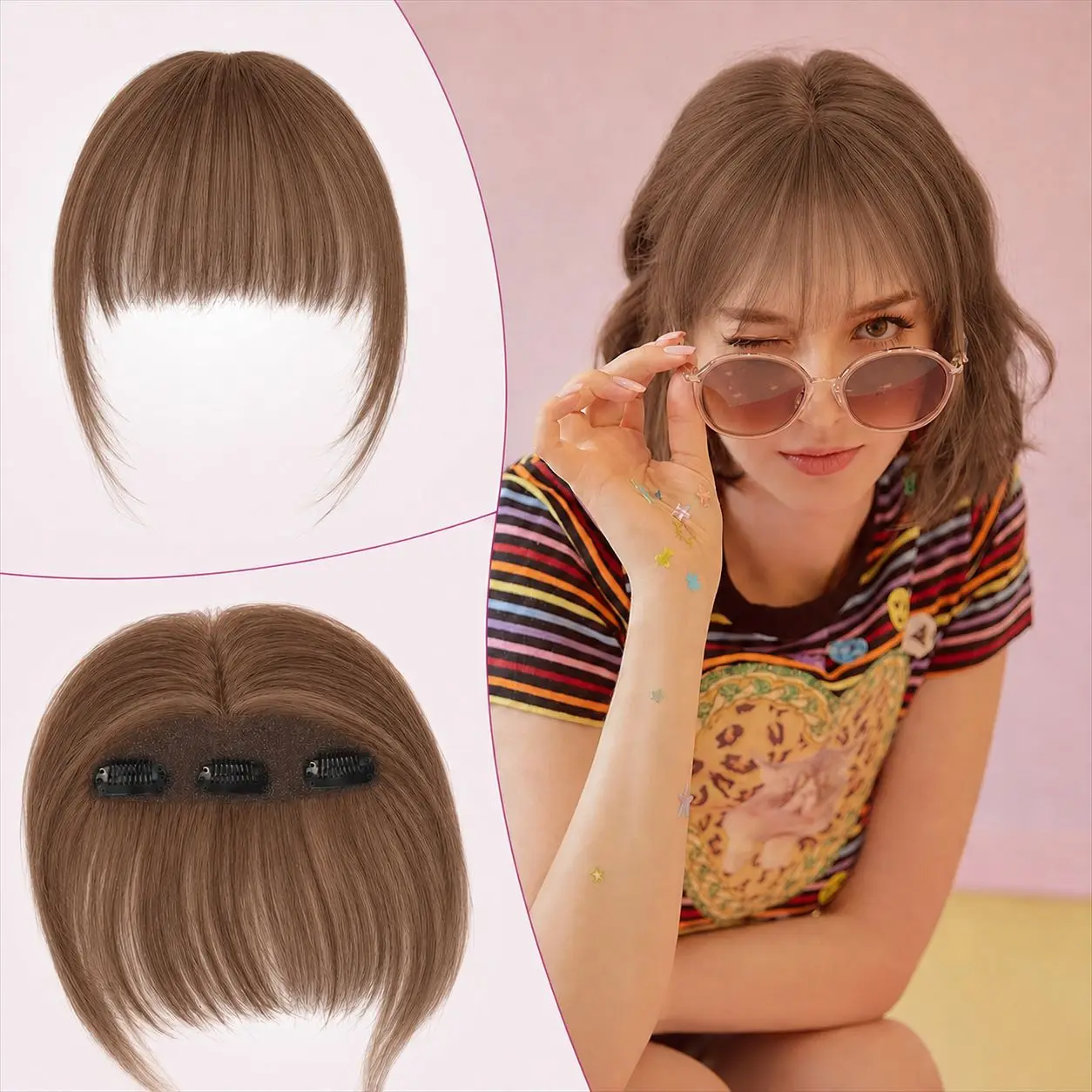 100% Human Hair Brown Bangs Clip In French Bangs for Women Straight Wispy Fringe Hairpiece with Lace Base 3 Anti-Slip Clips