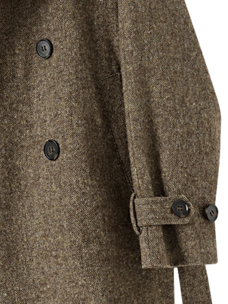 ZMEENNA Kurzer, zweireihiger Erbsenmantel aus braunem Tweed für Damen mit kontrastierendem Wildlederkragen, Gürtelmanschettendetail, Oberbekleidung ZM4259