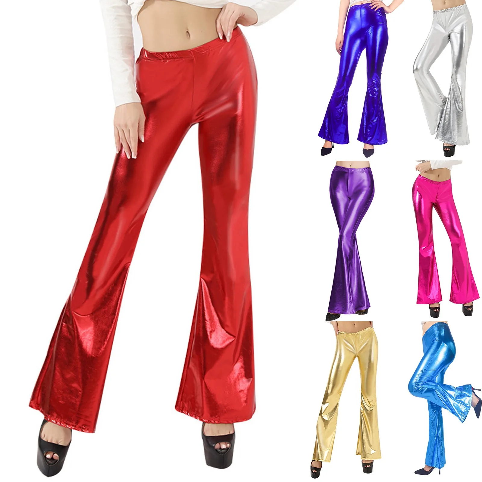 Dames glanzende flare broek laser metallic wetlook ruche wijde pijpen broek retro jaren '70 disco hippie club broek skinny bell bottoms