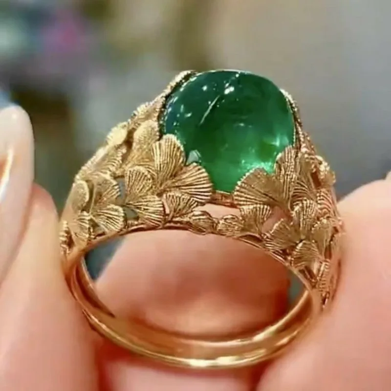Dazzling Inlaid Green Stone Flower Women's Ring Retro Gold Color Hand Carving Daily Wear Party Jewelry Anniversary Gift