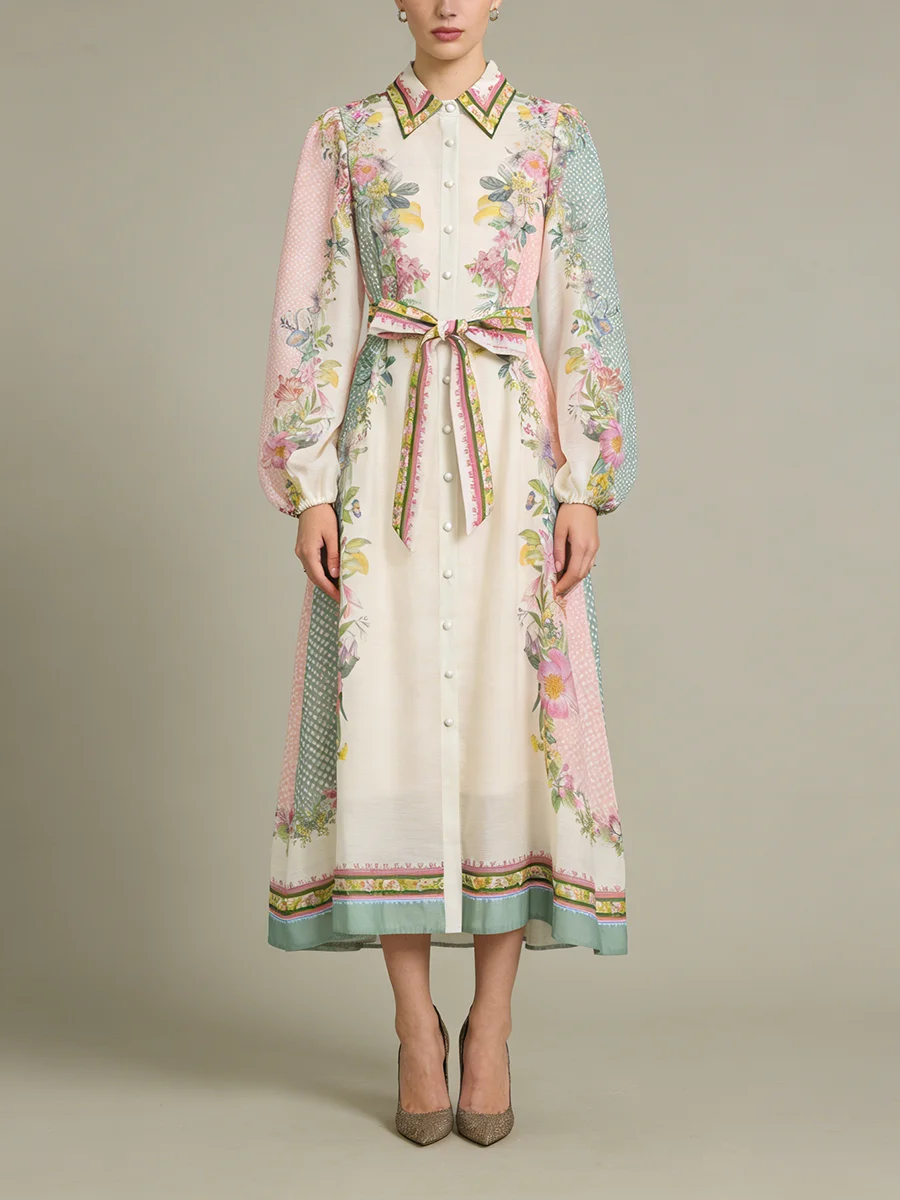 VGH French Romantic A Line Midi Dress for Women Lapel Puff Sleeve High Waist Slimming Colorblock Printed Dresses Female Spring