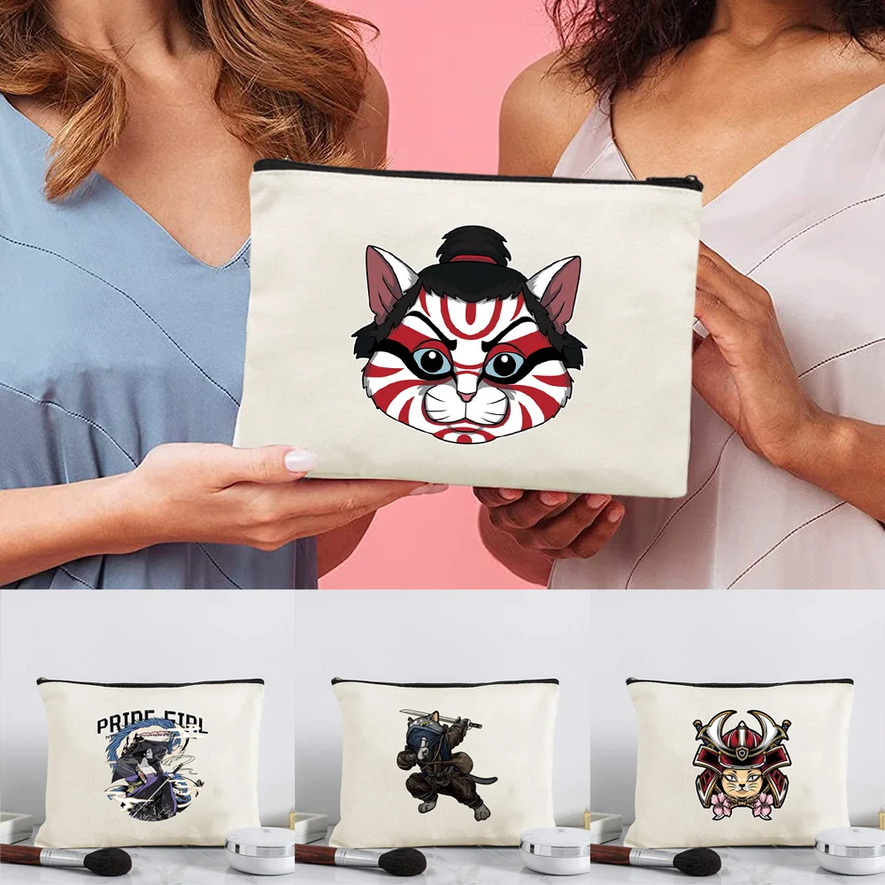 Clean Look Beige Canvas Makeup Zipper Bag With Samurai Print Cosmetic Pouch for Sorting Face Lip and Eye Makeup