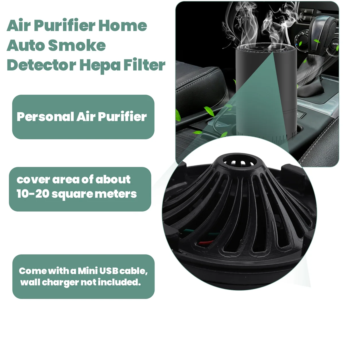Purificateur d'air chaud maison détecteur de fumée automatique filtre Hepa purificateur d'air de voiture câble USB à faible bruit avec veilleuse bureau noir