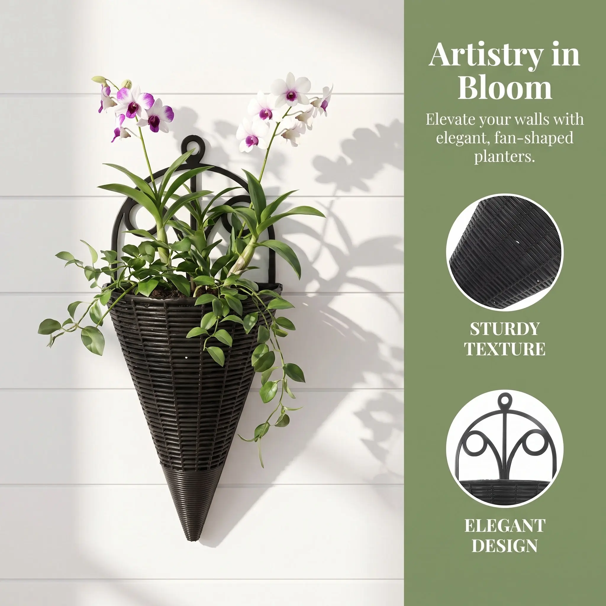 3Pcs Artistic Fan Design Wall Mounted Flower Baskets Imitation Wicker Hanging Planter Set for Artificial Orchids Faux Flowers