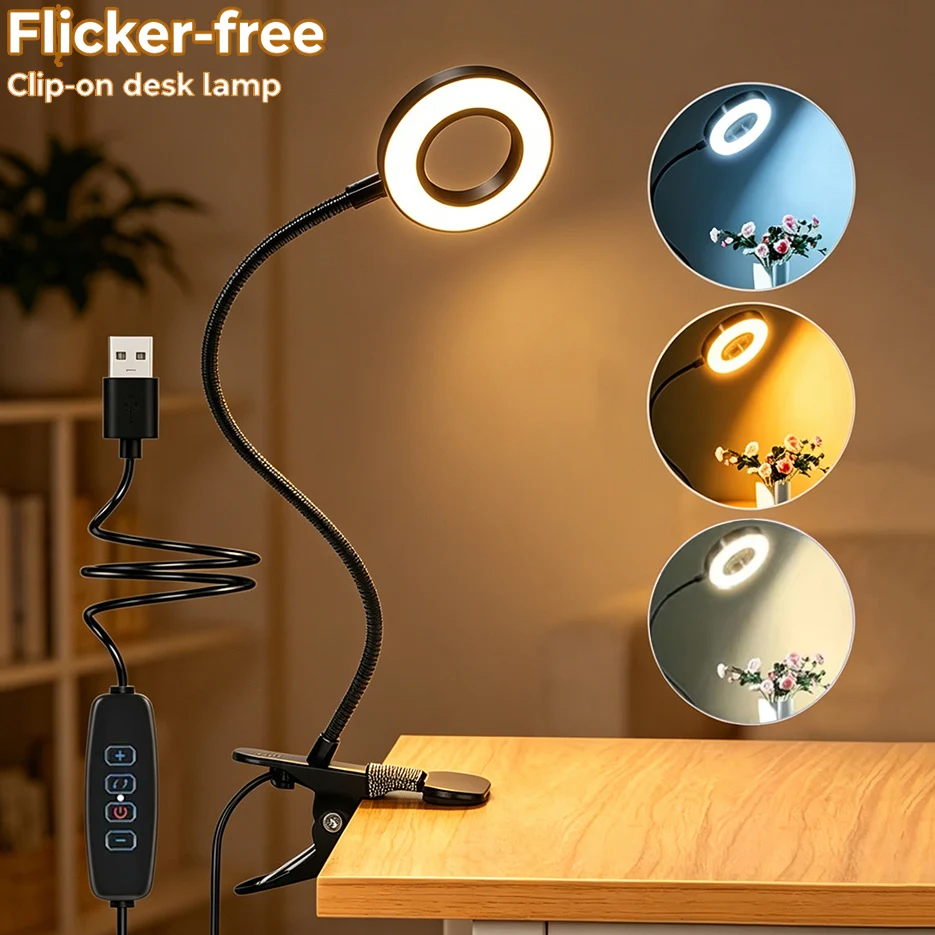 Clip Desk Lamp 48 LEDs USB Book Light Bedside 360° Flexible Eye Protection Gooseneck Reading Light Brightness Adjustable 3 Level