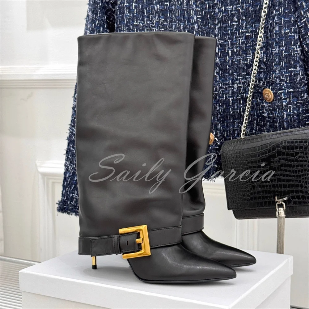 

Металлический тонкий каблук с пряжкой на ремне, женские кожаные сапоги до колена с острым носком, брюки на шпильке, длинные ботинки, сексуальные зимние широкие сапоги