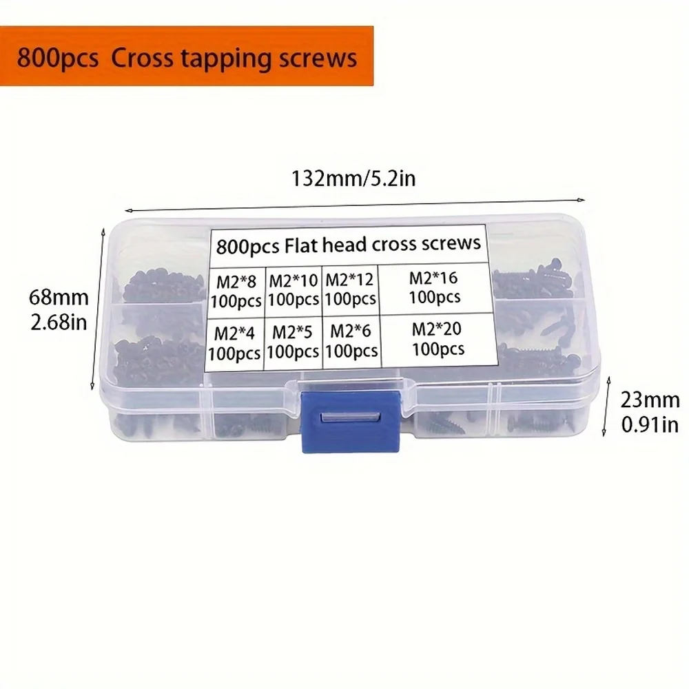 800pcs M2 Kit de sortimento de parafusos auto-roscantes Phillips pretos, parafusos de travamento e parafusos para madeira